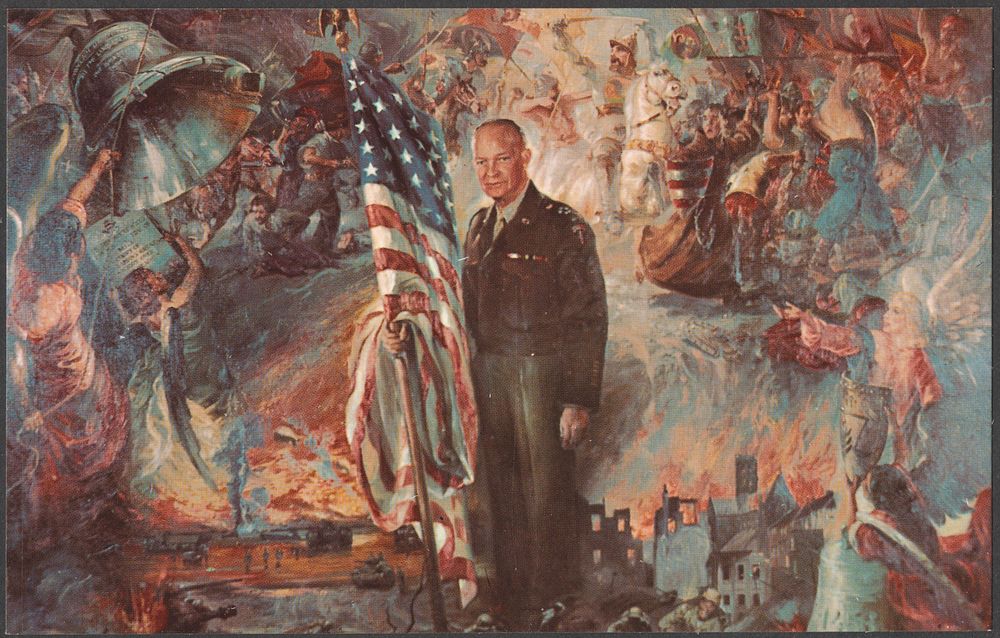             A painting of General Dwight D. Eisenhower, with a background portraying the struggle for liberty of the freedom…