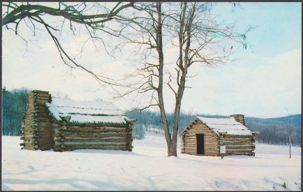             Continental Army huts in winter at Valley Forge, Pennsylvania          