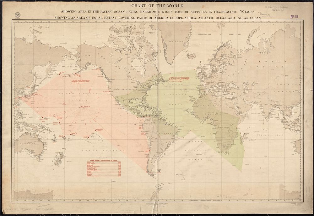             Chart of the world showing area in the Pacific Ocean having Hawaii as the only base of supplies in transpacific…