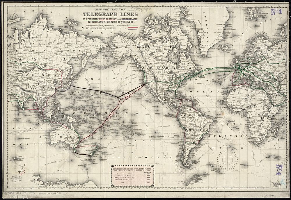             Map showing the telegraph lines in operation, under contract, and contemplated, to complete the circuit of the…