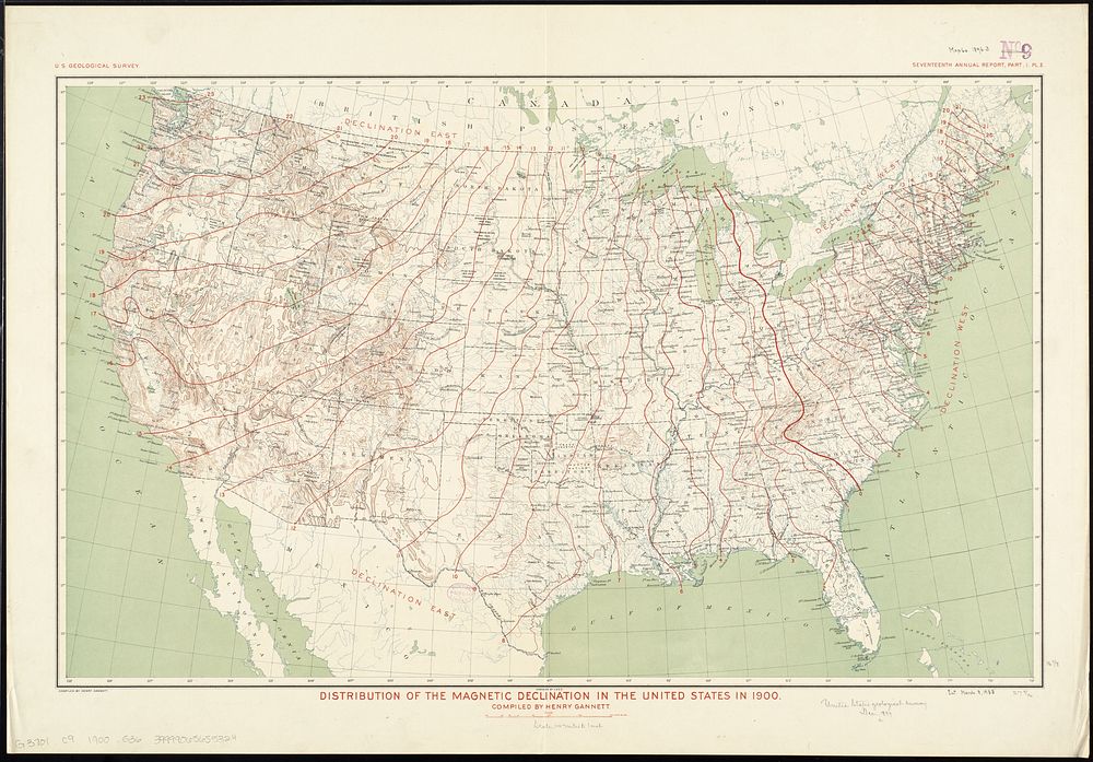             Distribution of the magnetic declination in the United States in 1900          