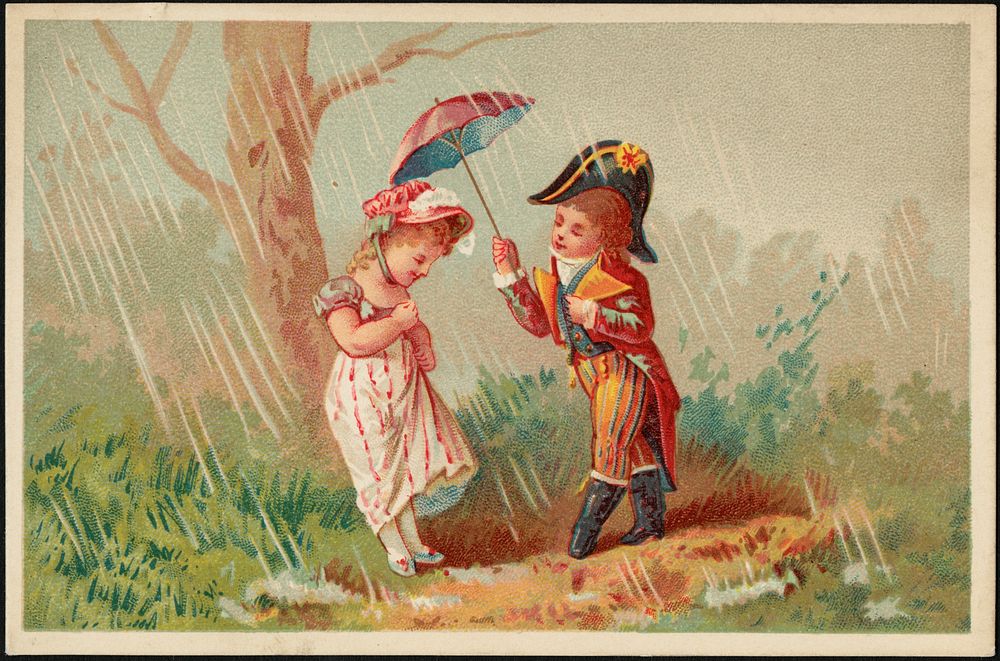             Boy and girl in historical costume, boy holding an umbrella over the girl as it rains.          