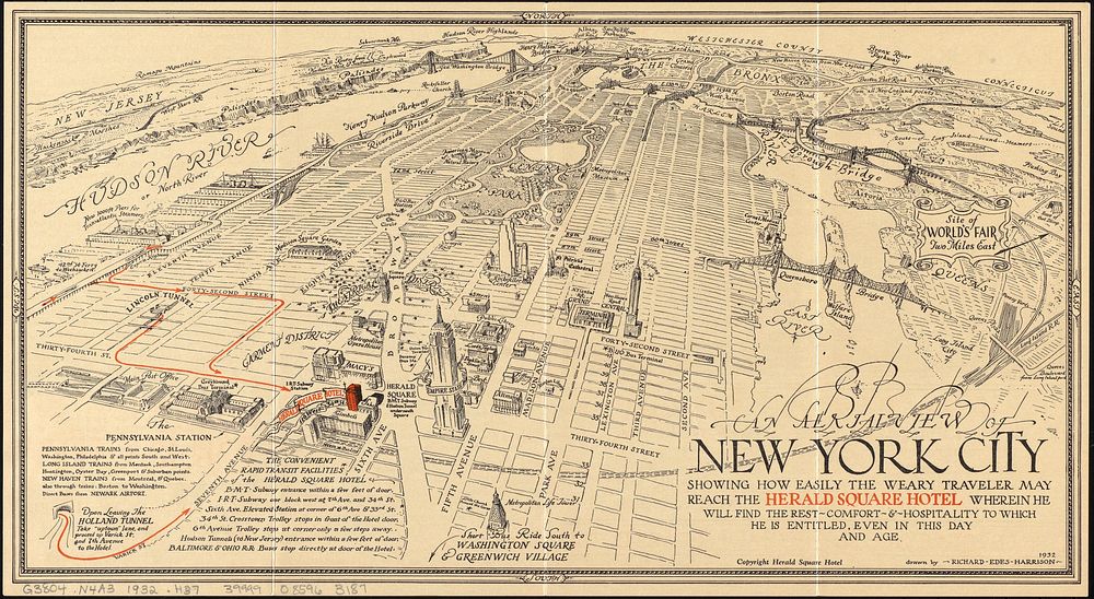             An aerial view of New York City showing how easily the weary traveler may reach the Herald Square Hotel wherein…
