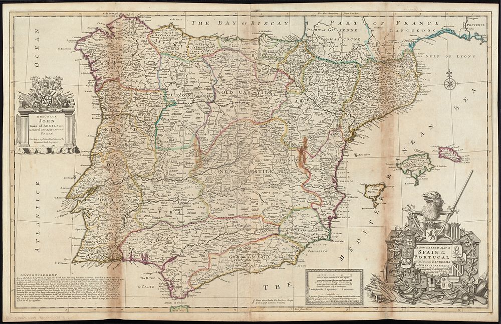             A new and exact map of Spain & Portugal divided into its kingdoms and principalities &c with ye principal roads…