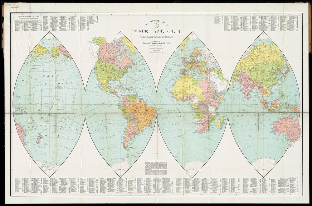            The official map of the world : showing the four quarters of the globe on the quarter-spherical or orange peel…