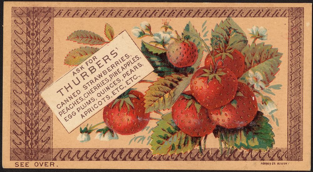             Ask for Thurbers' canned strawberries, peaches, cherries, pineapples, egg plums, quinces, pears, apricots, etc.…