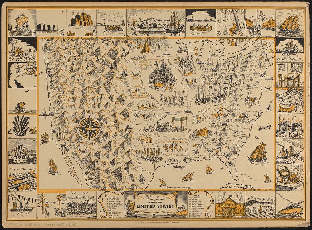             Van Loon's map of the United States : enlivened by thumbnail sketches of American history          