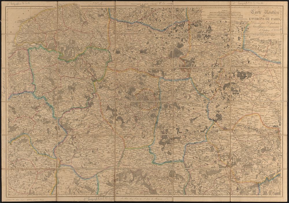             Carte routière des environs de Paris, divisés par departemens, arrondissemens communaux et cantons          