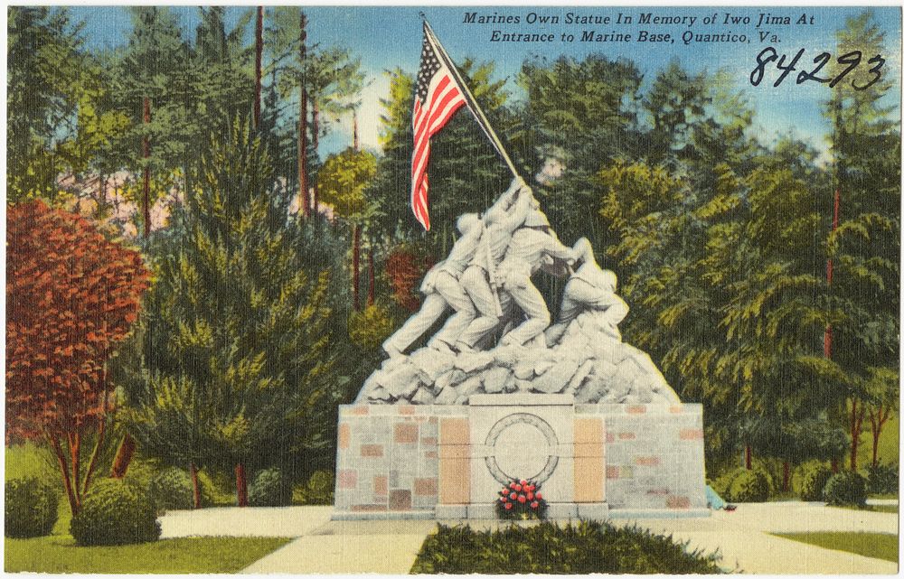             Marine Own Statue in memory of Iwo Jima at entrance to Marine Base, Quantico, Va.          