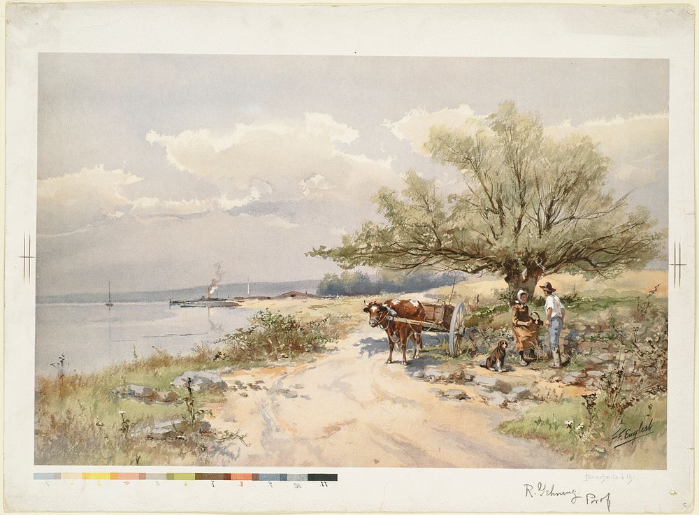            Path by water with ox cart and two figures          