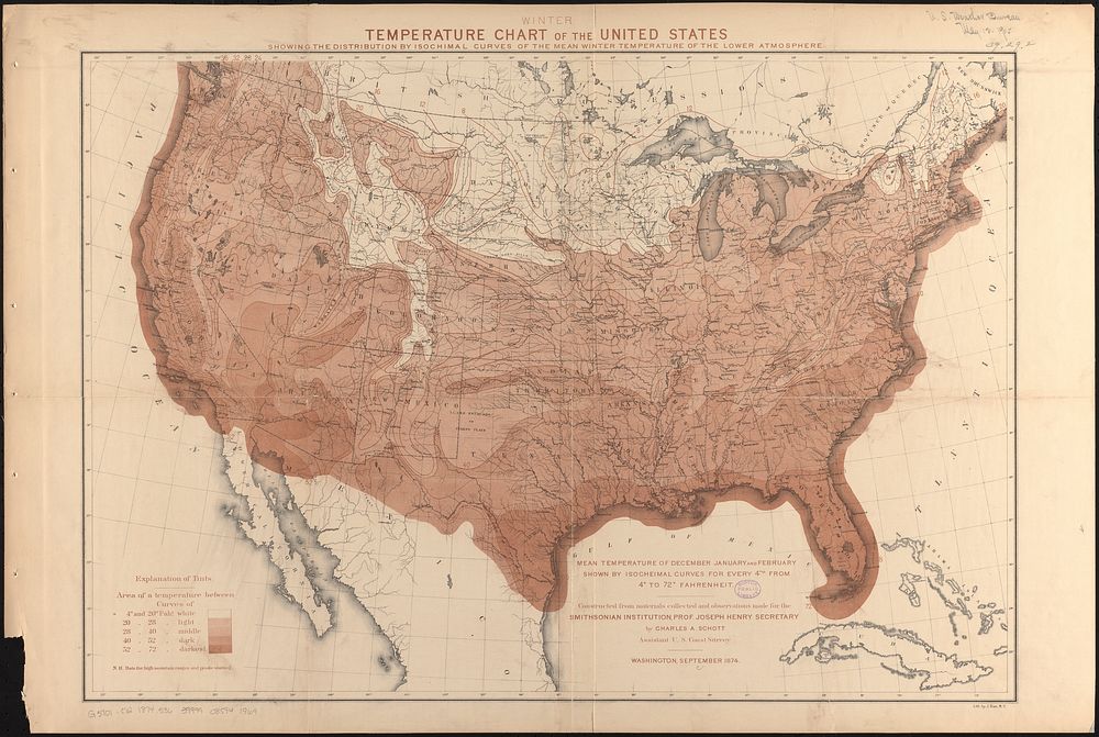             Temperature chart of the United States : showing the distribution by isothermal curves of the mean annual…