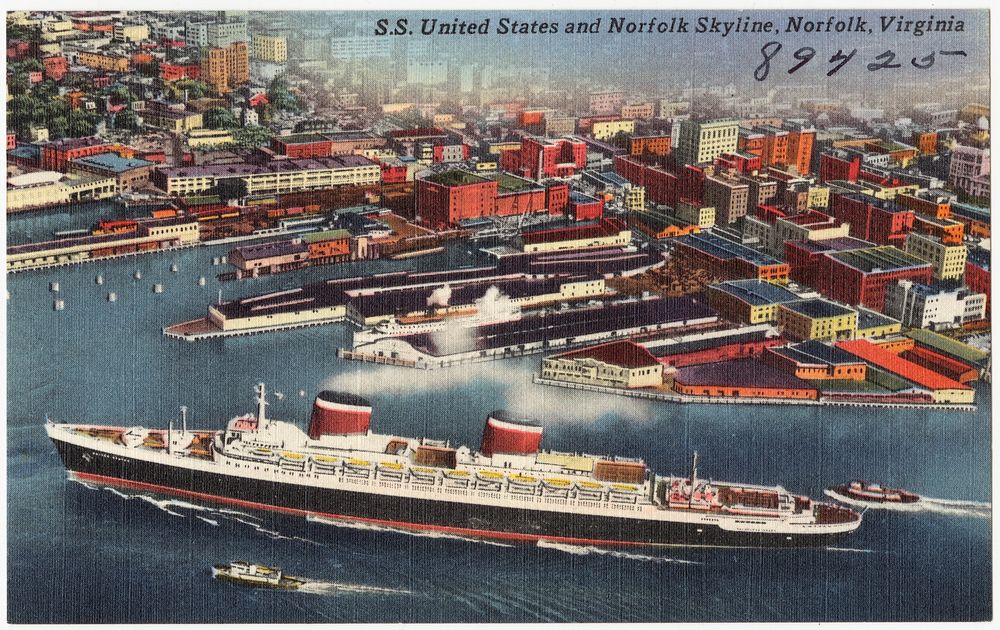             S. S. United States and Norfolk skyline, Norfolk, Virginia          