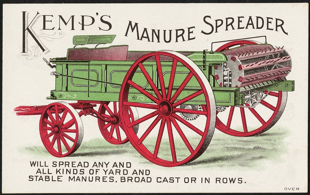             Kemp's Manure Spreader will spread any and all kinds of yard and stable manures. Broad cast or in rows.          