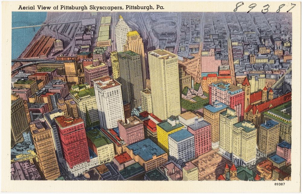             Aerial view of Pittsburgh skyscrapers, Pittsburgh, Pa.          