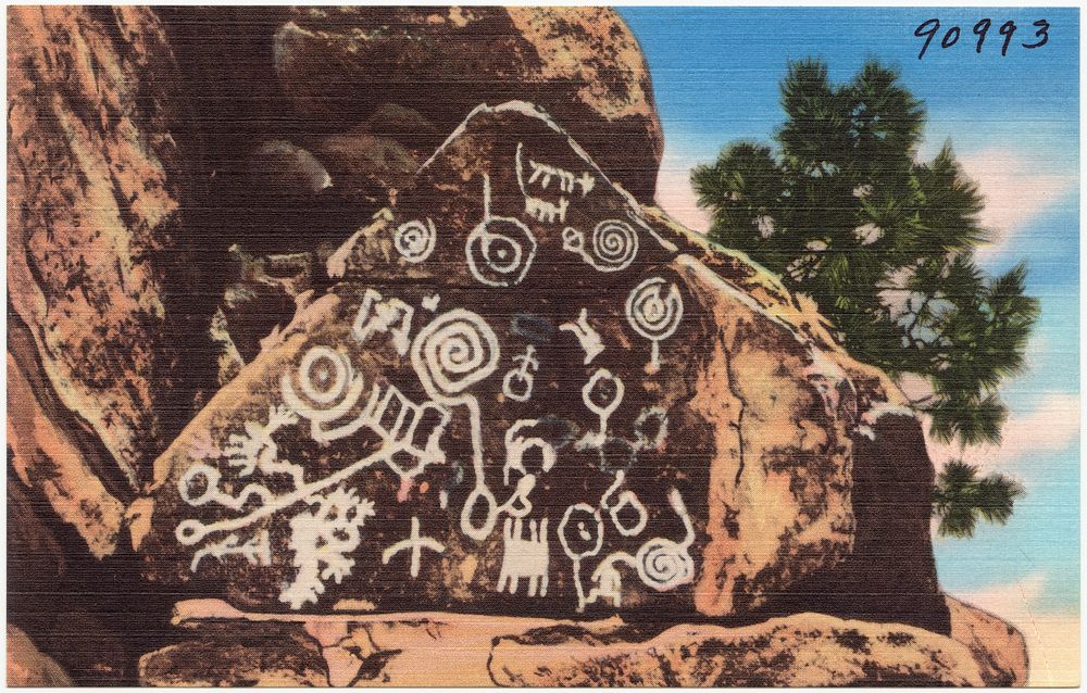             Indian petroglyphs at Manitou Cliff Dwellings, Manitou Springs, Colorado.          