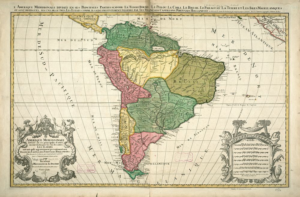             Amerique meridionale divisée en ses principales parties ou sont distingués les vns des autres les estats…