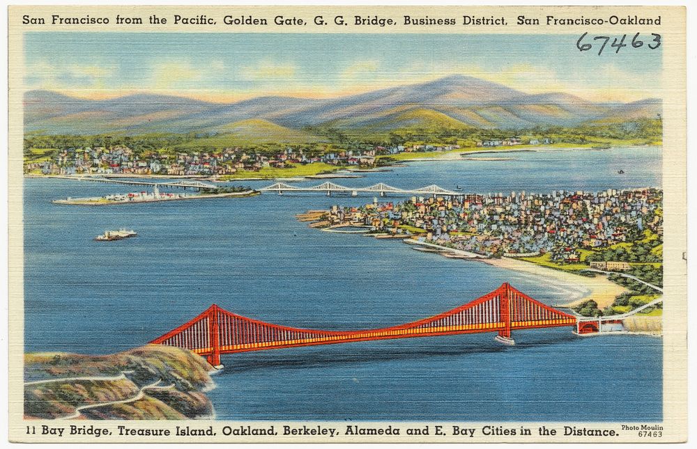             San Francisco from the Pacific, Golden Gate, G. G. Bridge, Business District, San Francisco-Oakland          