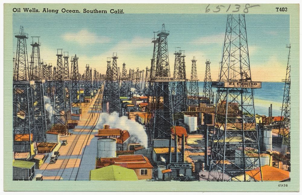             Oil Wells, Along Ocean, Southern Calif.          