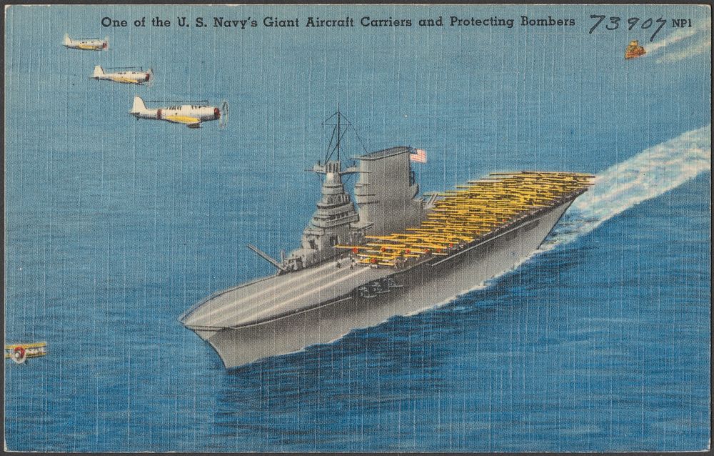             One of the U. S. Navy's giant aircraft carriers and protecting bombers          