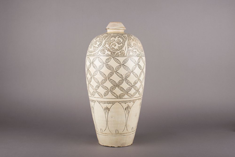 Prunus Vase (meiping) with Design of Leafy Scrolls, Interlocking Coins, and Lotus Petals