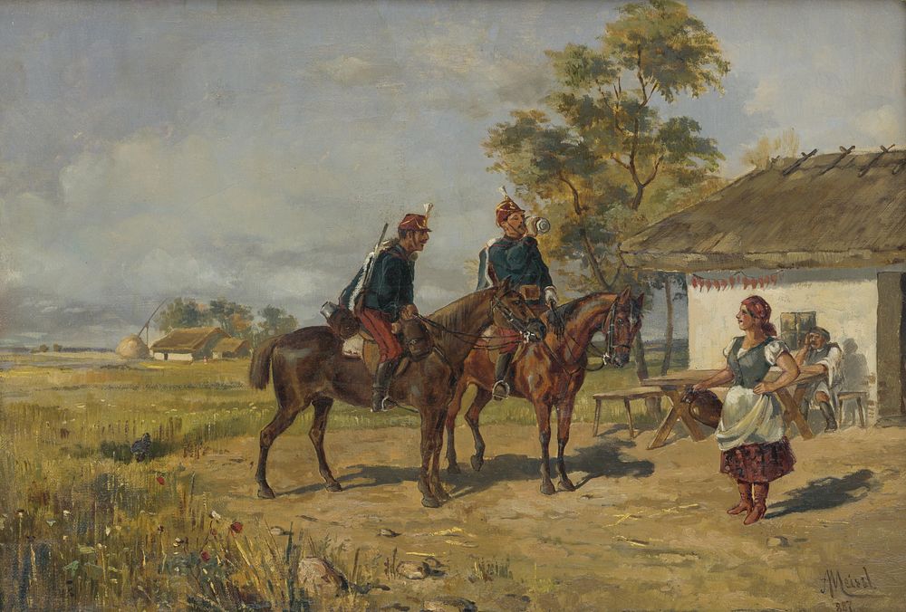 Hussars in front of the house, August Meissl