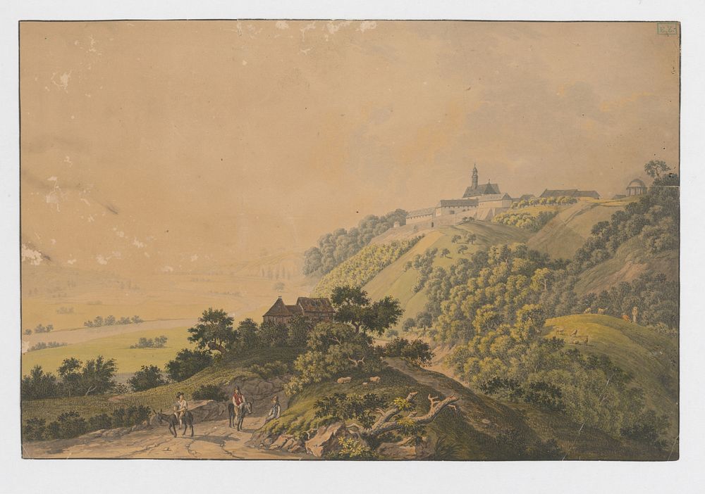 A view of a church and monastery in a vast landscape