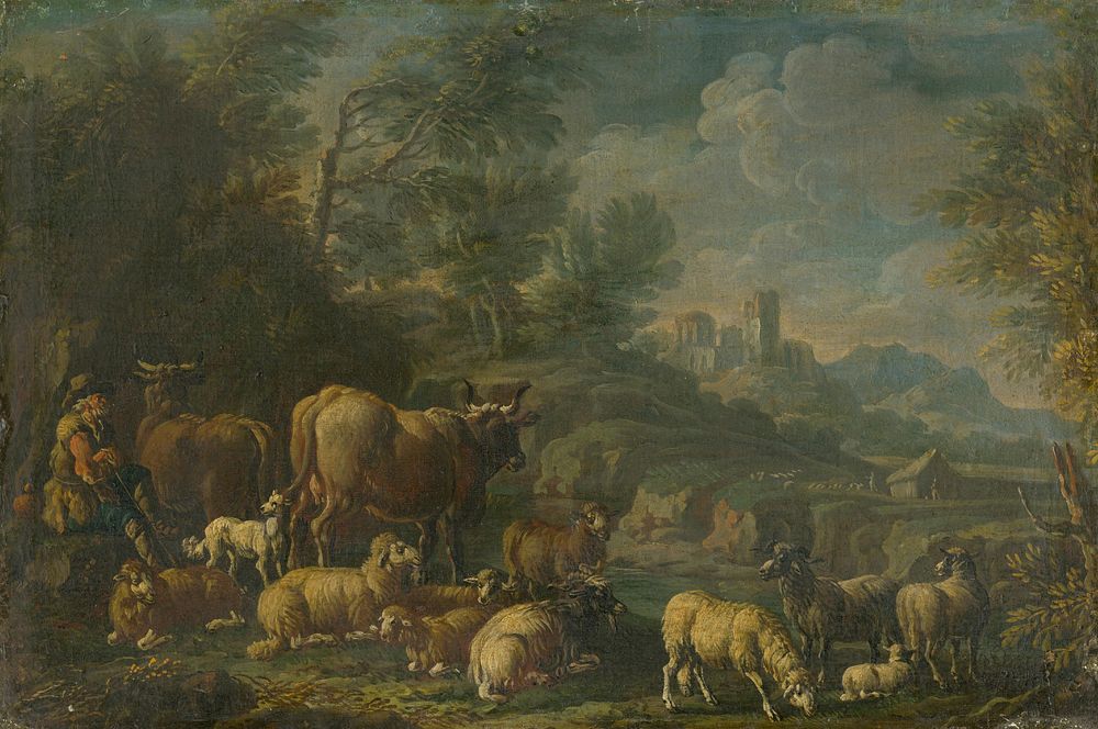 Herdsman with his herd in romantic landscape