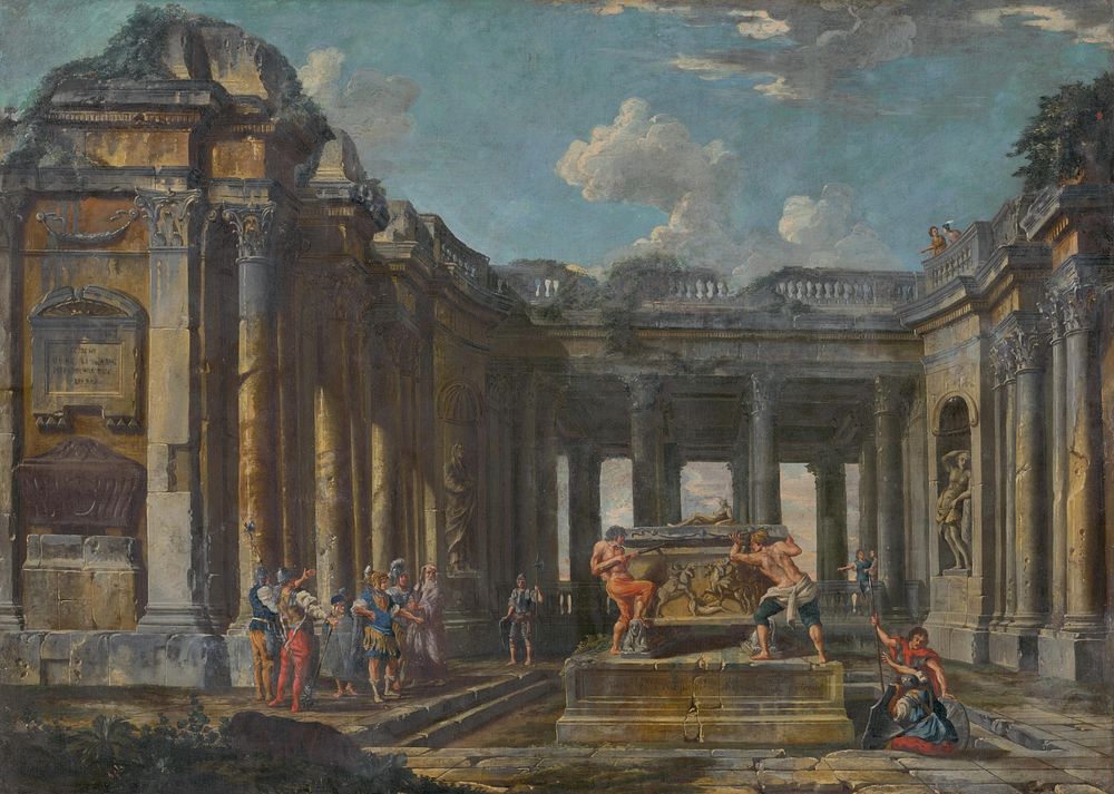 Scene from roman history in antique ruins, Giovanni Paolo Panini