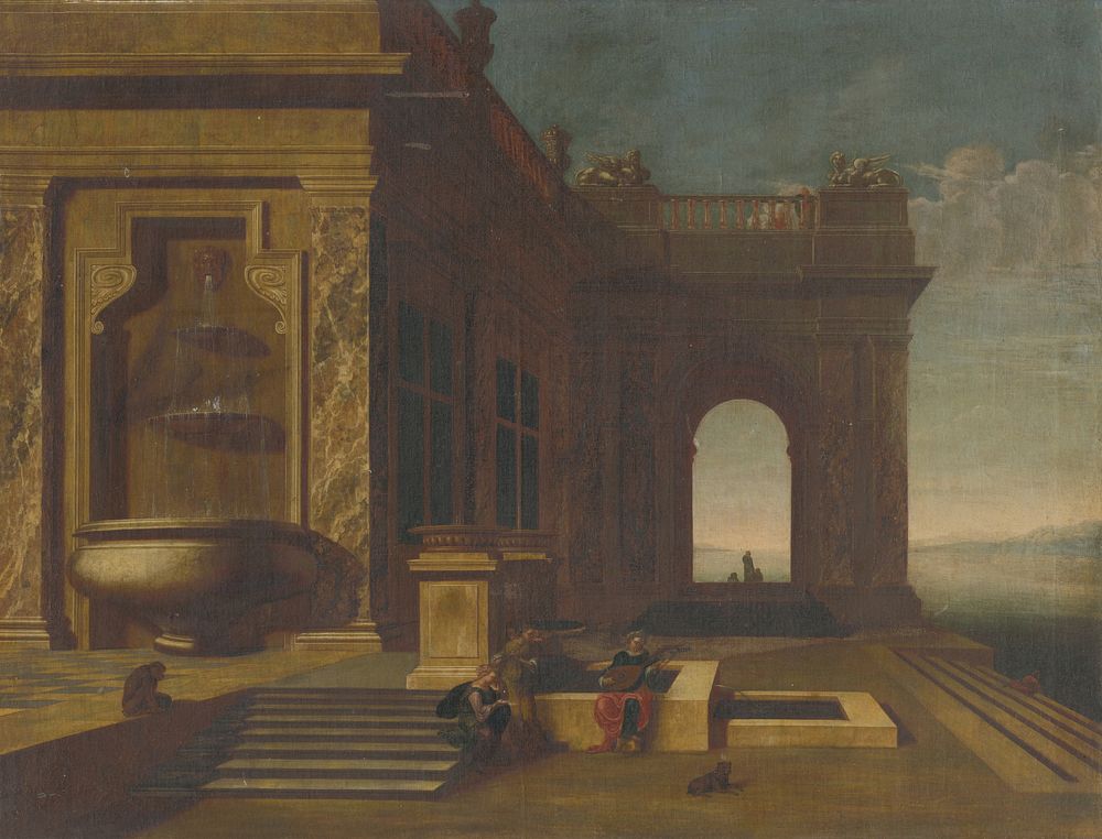 Palace architecture with staffage, Jacobus Ferdinandus Saey