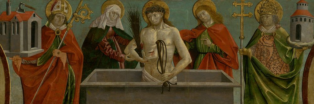 Imago pietatis (man of sorrows) between madonna in sorrow, saint john the baptist, saint wolfgang and saint boniface