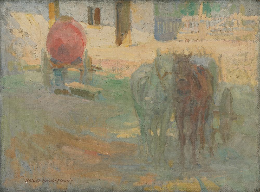 Farm yard with yoked horses by Elemír Halász-Hradil