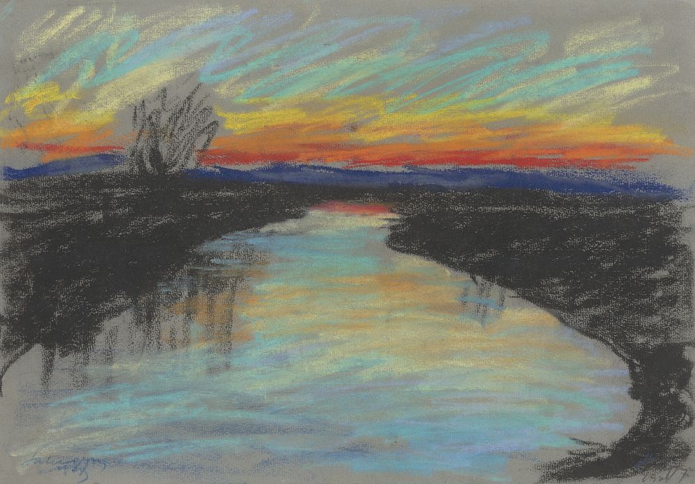 Red dawn over a river by Zolo Palugyay