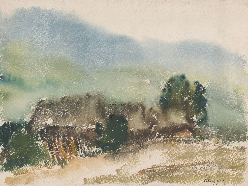 Motif with village cottages by Zolo Palugyay