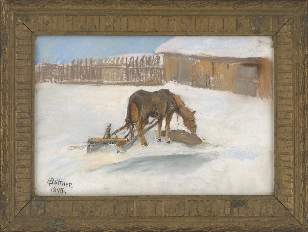 A snowy yard with a pony, Helene B&uuml;ttner