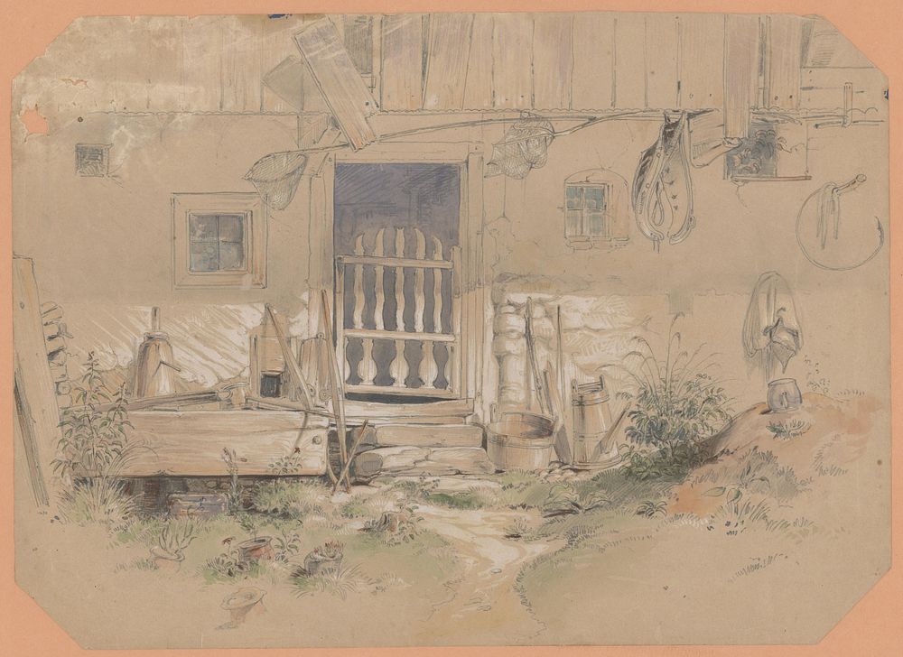 A picturesque corner of the village yard with a carved wooden gate  by Friedrich Carl von Scheidlin