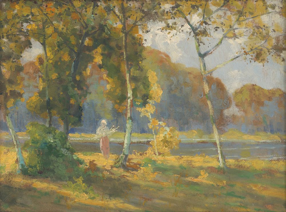 Summer landscape with birch trees by Lajos Csordák