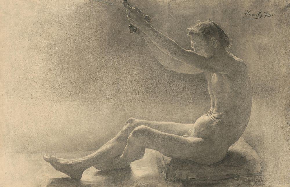 Study of a seated male nude with raised arms by Jozef Hanula