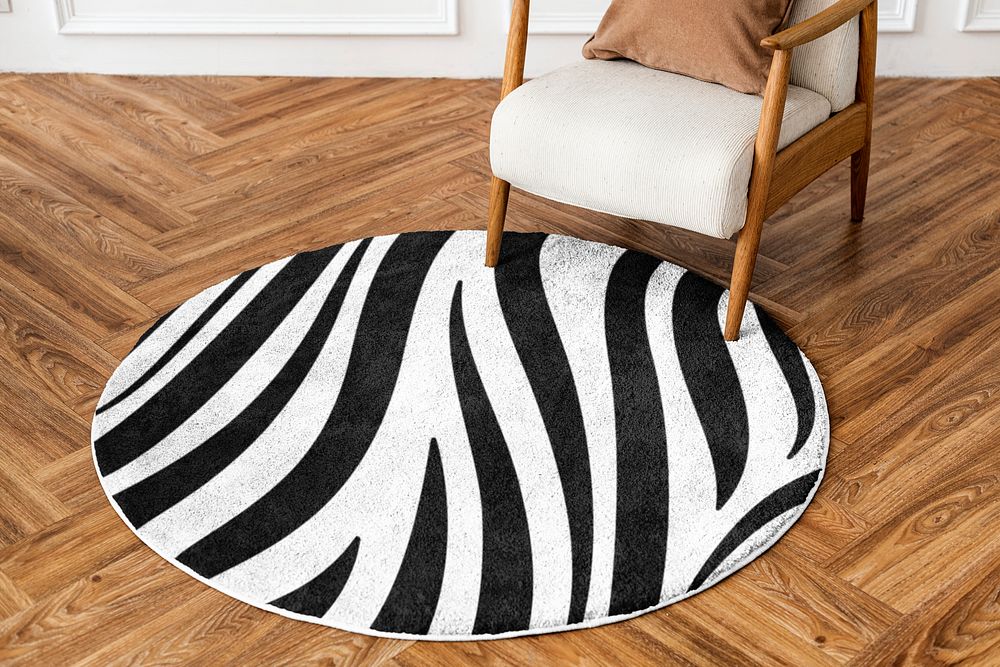 Round rug mockup psd zebra printed pattern living room essential