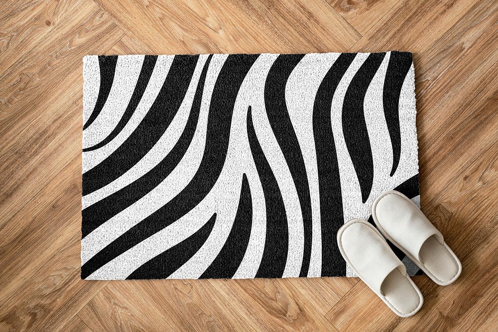 Doormat mockup with leopard print and white slippers