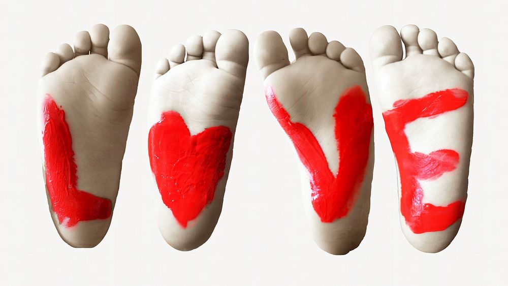 Love painted on children's feet isolated image