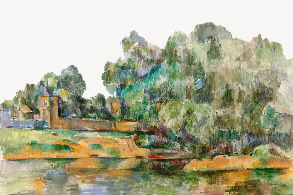 Paul Cezanne&rsquo;s Riverbank, post-impressionist landscape painting.  Remixed by rawpixel.
