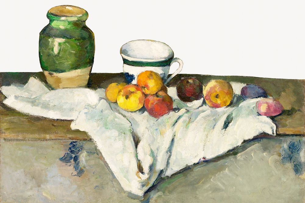 Paul Cezanne&rsquo;s Jar, Cup, and Apples, post-impressionist landscape painting.  Remixed by rawpixel.