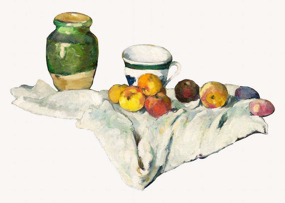 Paul Cezanne&rsquo;s Jar, Cup, and Apples, still life painting.  Remixed by rawpixel.