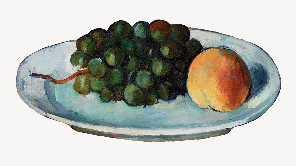  Paul Cezanne&rsquo;s Grapes and Peach on a Plate , still life painting.  Remixed by rawpixel.