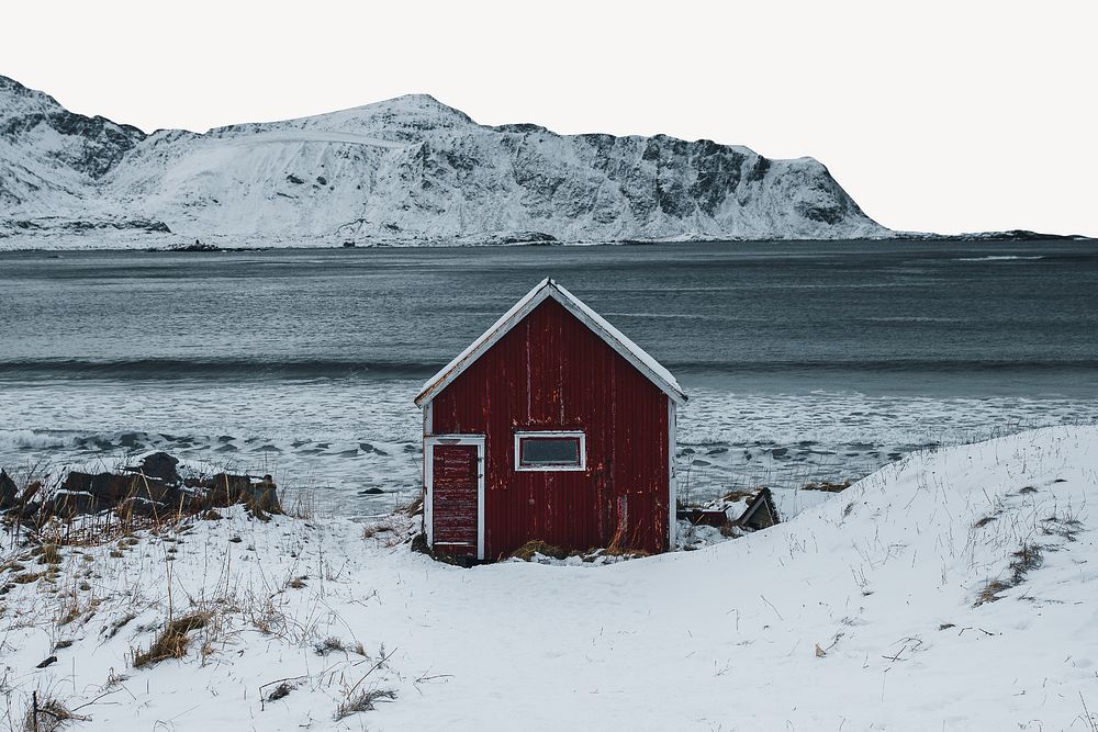 Snowy landscape & cabin, border background    image
