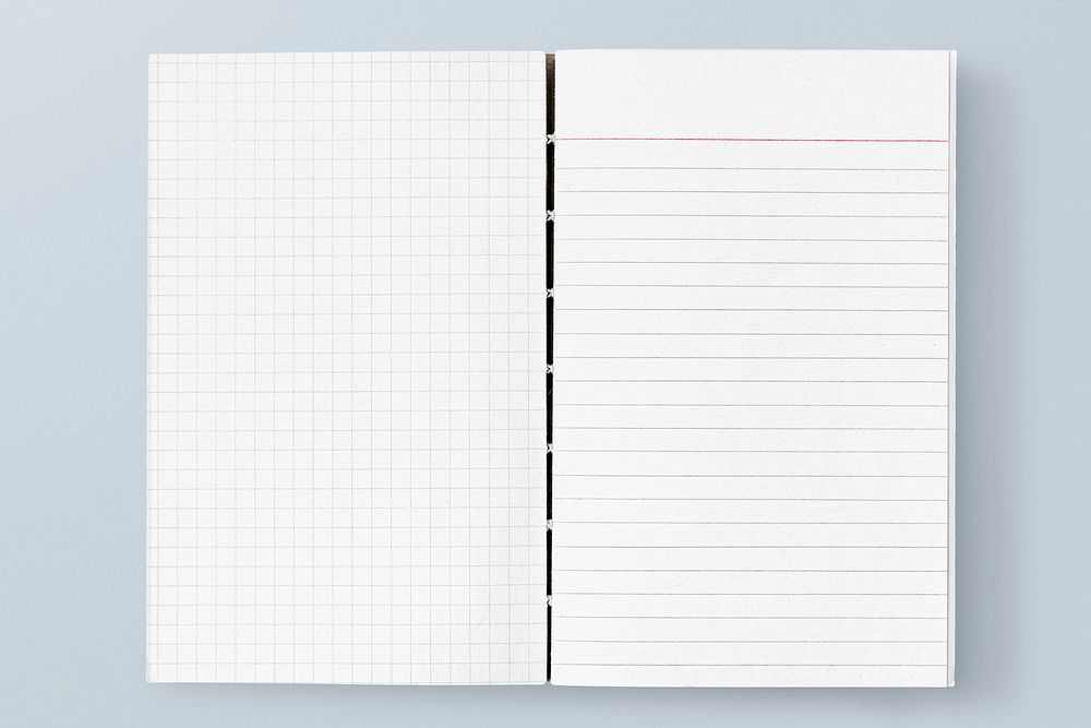 White grid and lined notebook mockup on a blue table