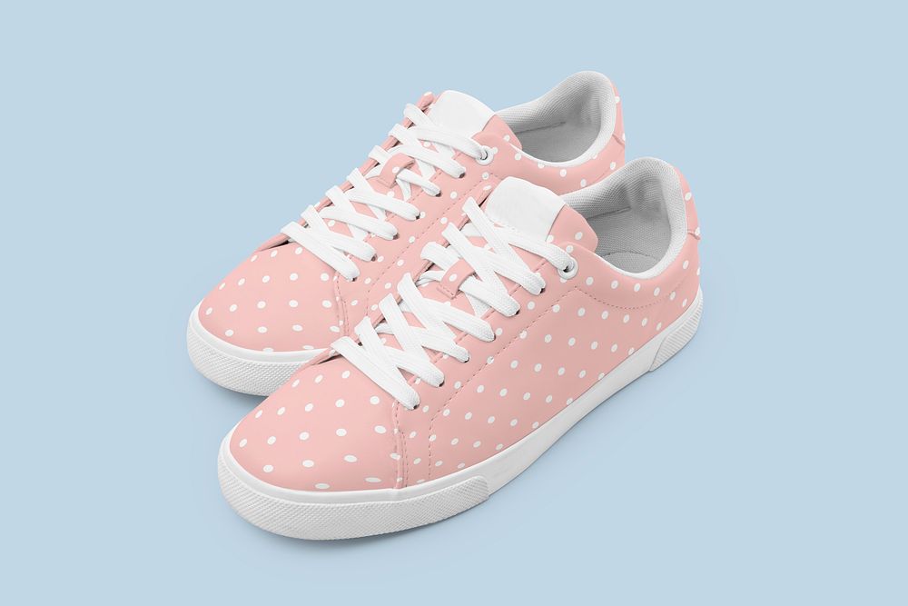 Pink canvas sneakers mockup psd with polka dot unisex footwear fashion