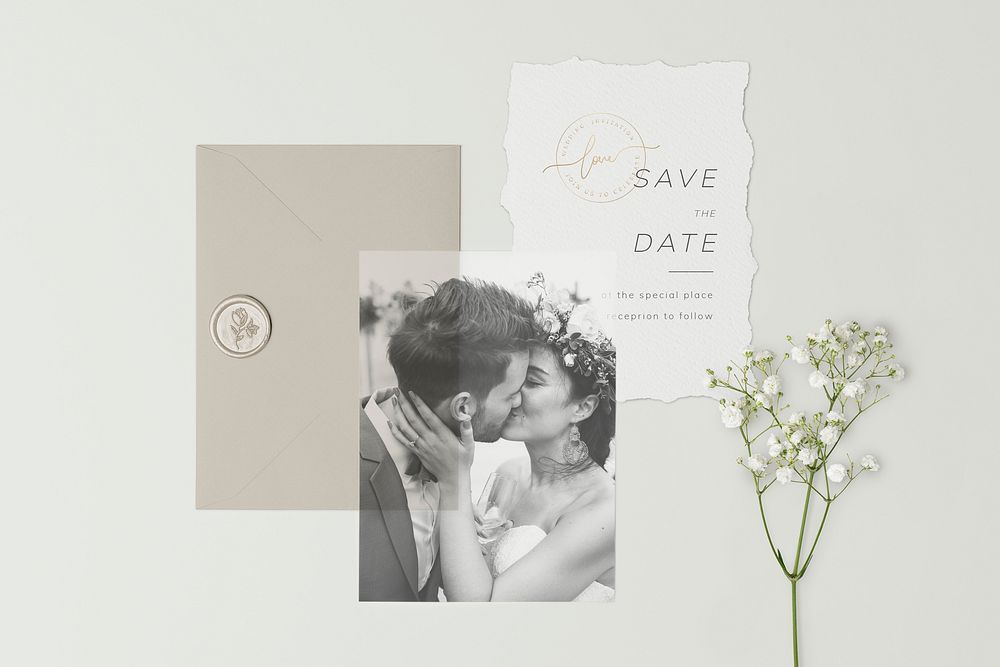 Aesthetic wedding card mockup psd, aesthetic floral design, beige envelope
