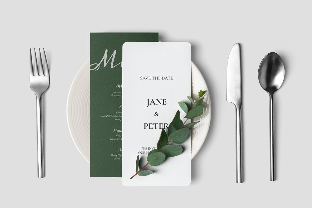 Wedding menu card mockup, flat lay, white and green design, psd