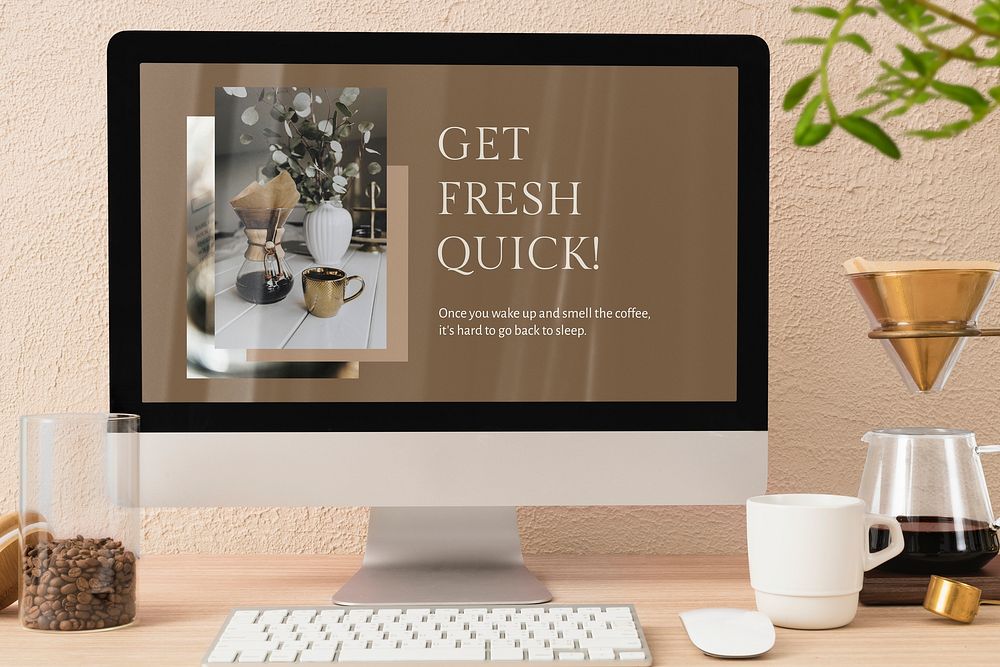 Computer screen mockup psd, minimal workspace for coffee lover